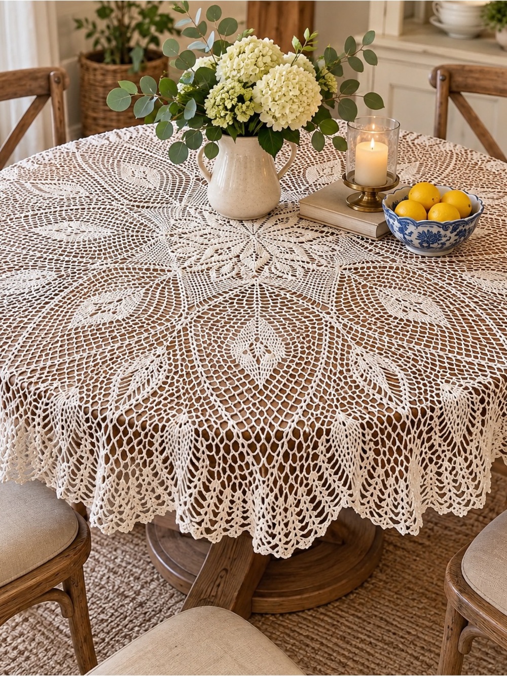 Hand-Crocheted Cream Lace Round Tablecloth